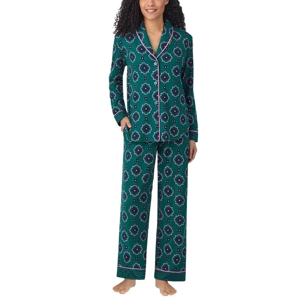 Room Service Women's Shawl Collar Pajama Set - Green Geo - XL NWT